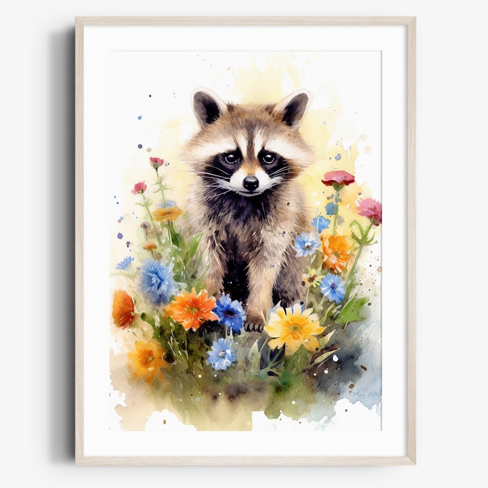 Watercolor Floral Raccoon Wall Art Illustration Print Poster Card Unframed - Picture 1 of 6